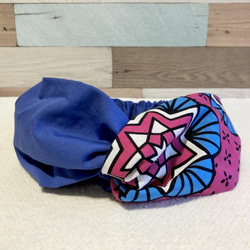 ピンク・ブルーが鮮やかなアジアンテイスト&ロイヤルブルー組み合わせのクロスヘアターバン　ヘアバンド　akaneko 1枚目の画像