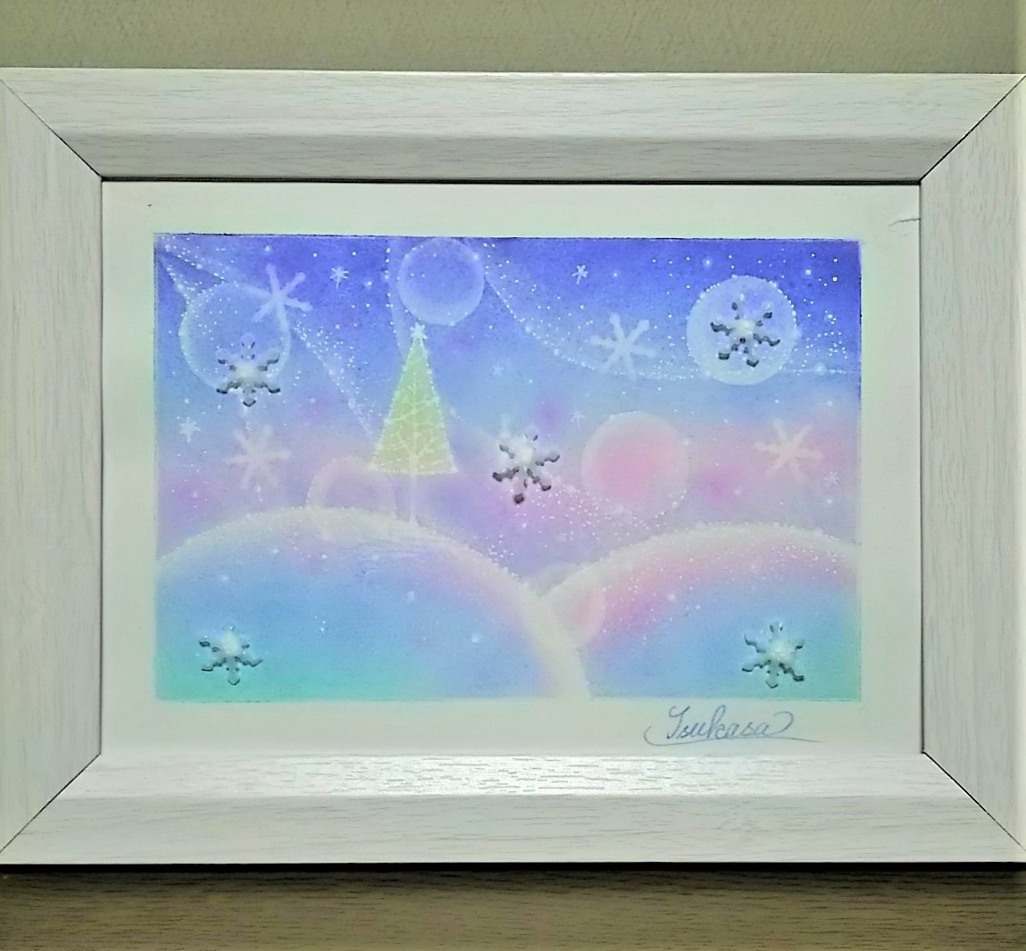 森のクリスマス　絵画アート原画　パステル画