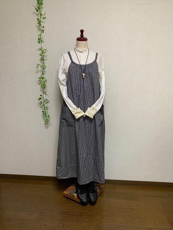 ヒッコリーデニム　ワンピース&マスク　ロング丈 着丈120cm　いつもの服の上から着る大人エプロン　エプロンワンピース 2枚目の画像