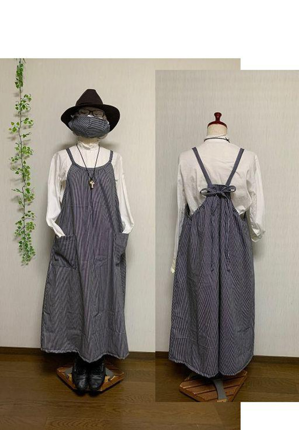 ヒッコリーデニム　ワンピース&マスク　ロング丈 着丈120cm　いつもの服の上から着る大人エプロン　エプロンワンピース 1枚目の画像