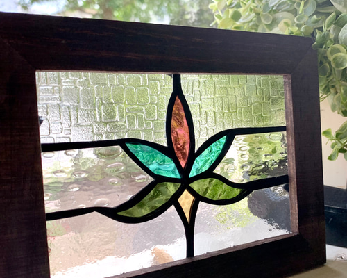 ステンドグラス※パネル※Flower 枠ブラウン その他雑貨 Glass