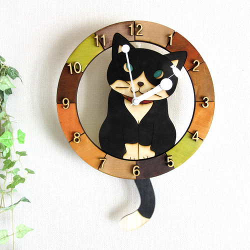 白黒ネコ 時計 C-47F4 白黒ハチワレ-猫の振り子時計 花04.YELLOW C-CC-
