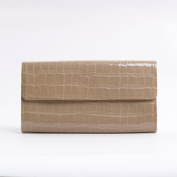 【永久無料保証】エナメルクロコの型押し牛革 フラップ式長財布/W0262201ecyzF 5枚目の画像