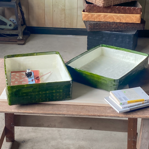 受注制作】野原竹細工 つづらの文庫箱 一閑張り よもぎ色 フリー