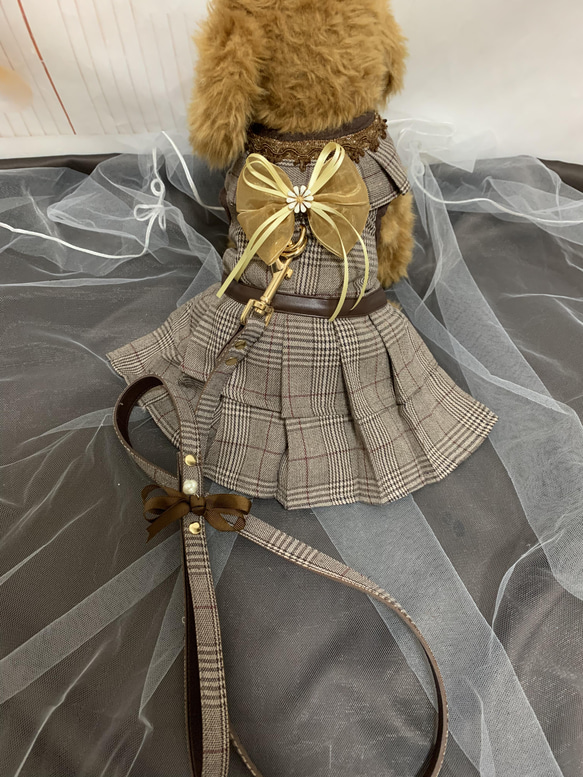 犬猫うさちゃん　ハーネス　リード付き　グレンチェック　ワンピース 8枚目の画像