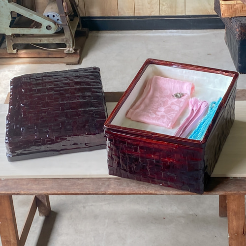 つづらの一閑張り　道具箱　茶溜め（深みのある赤茶色） 受注制作】野原竹細工 つづらの掛子箱 茶溜（深みのある赤茶色