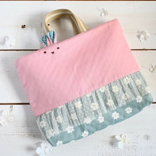 受注生産＜サイズ変更可＞チュールレースのうさぎちゃんレッスンバッグ