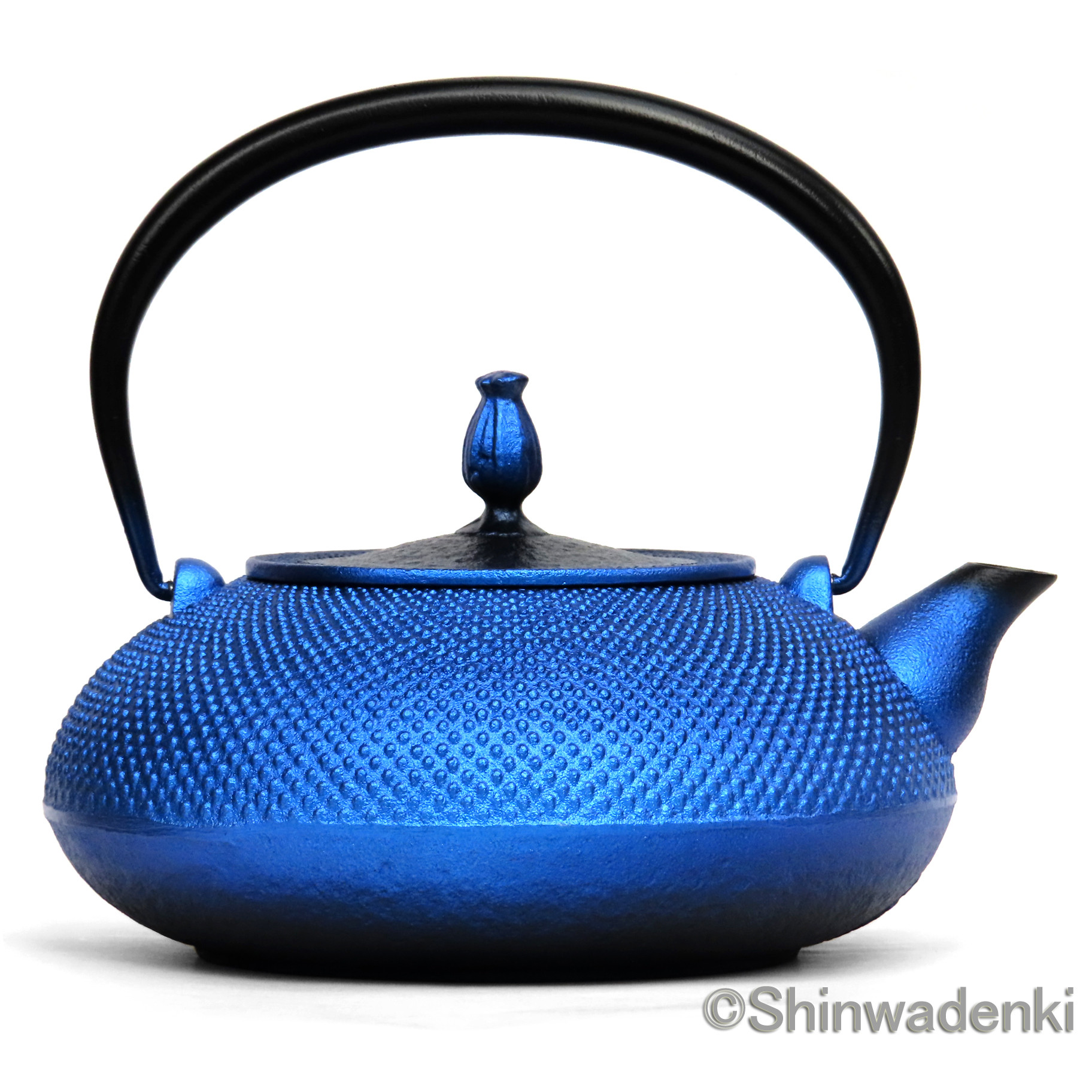 【お取り寄せ】南部鉄器 鉄瓶 平丸アラレ（瑠璃色・鉄蓋）1.2L 内面素焼き・酸化被膜仕上 日本製 ガス・IH対応