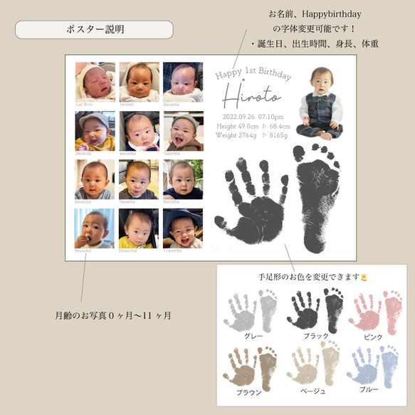 写真補正付き！成長時計 1歳誕生日 ベビーポスター 手足形 2枚目の画像