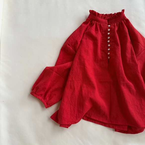 【受注製作】スタンドカラーの襟フリルブラウス（ハーフリネン）★サイズ・カラー選べます★ 2枚目の画像