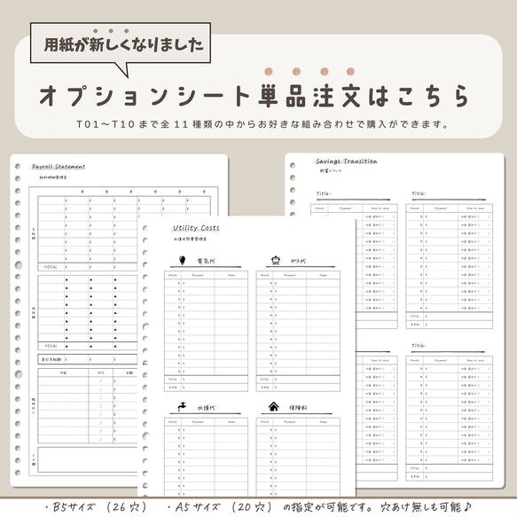 送料無料☆ よりどり１０枚で１５００円 ☆家計簿フォーマット 【 オプションシート 】用紙・デザイン リニューアル版 ☆ 1枚目の画像