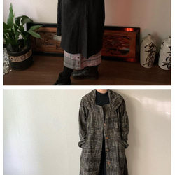 リボン風たっぷり襟の手織り綿前開きコート　裏付きで暖かくゆったり着こなせるAライン　薄茶絣 11枚目の画像