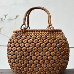 国産山葡萄 籠バッグ 花編み 巾着タイプ内布 丸い形 かごバッグ 伝統