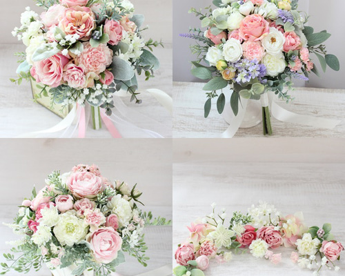 オーダーメイド　アーティフィシャルフラワー高級造花ホワイトローズ　クラッチブーケ オーダーメイドブーケ22,000円～/ローズピンク×白×グリーンのクラッチ