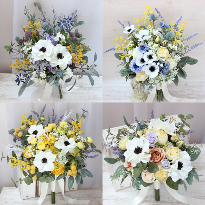 オーダーメイドブーケ22,000円～/アネモネ×白×黄色×サムシングブルー×グリーンのクラッチブーケ
