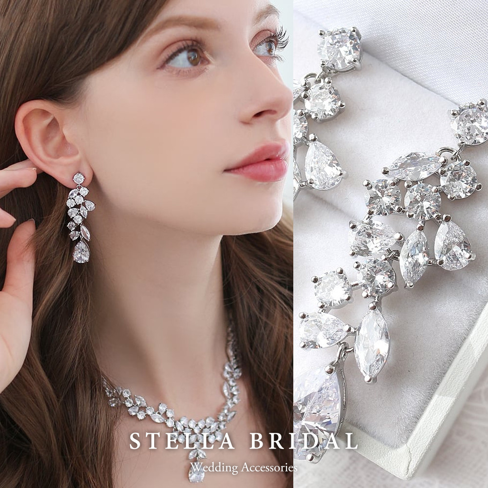 キュービックジルコニア ブライダルイヤリング＆ピアス  スノークリスタル II ｜ウェディングアクセサリー