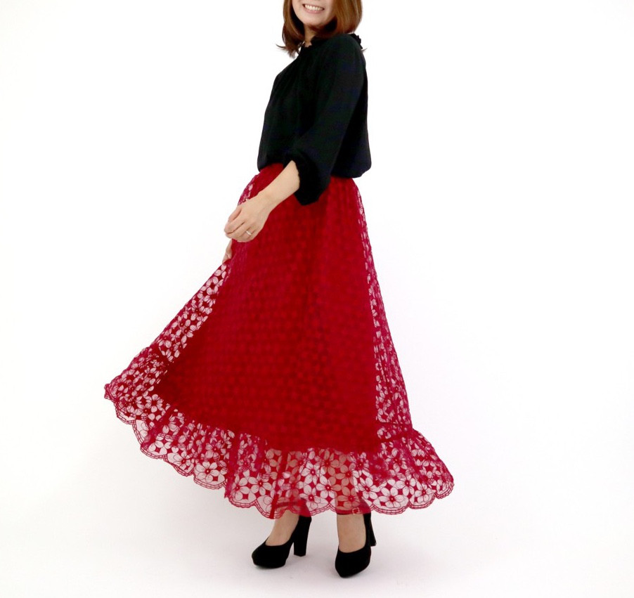 ♡再入荷♡モダン花柄刺繍レース切替スカート（ボルドー) ロング