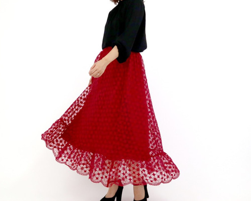 ♡再入荷♡モダン花柄刺繍レース切替スカート（ボルドー) ロング