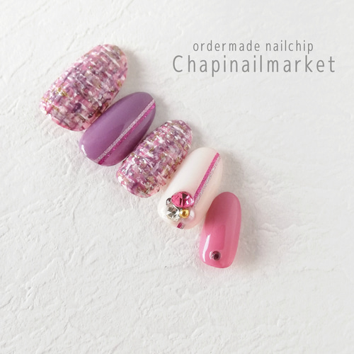 くすみ紫✕ピンクツイードネイルチップ○068 ネイルチップ（つけ爪