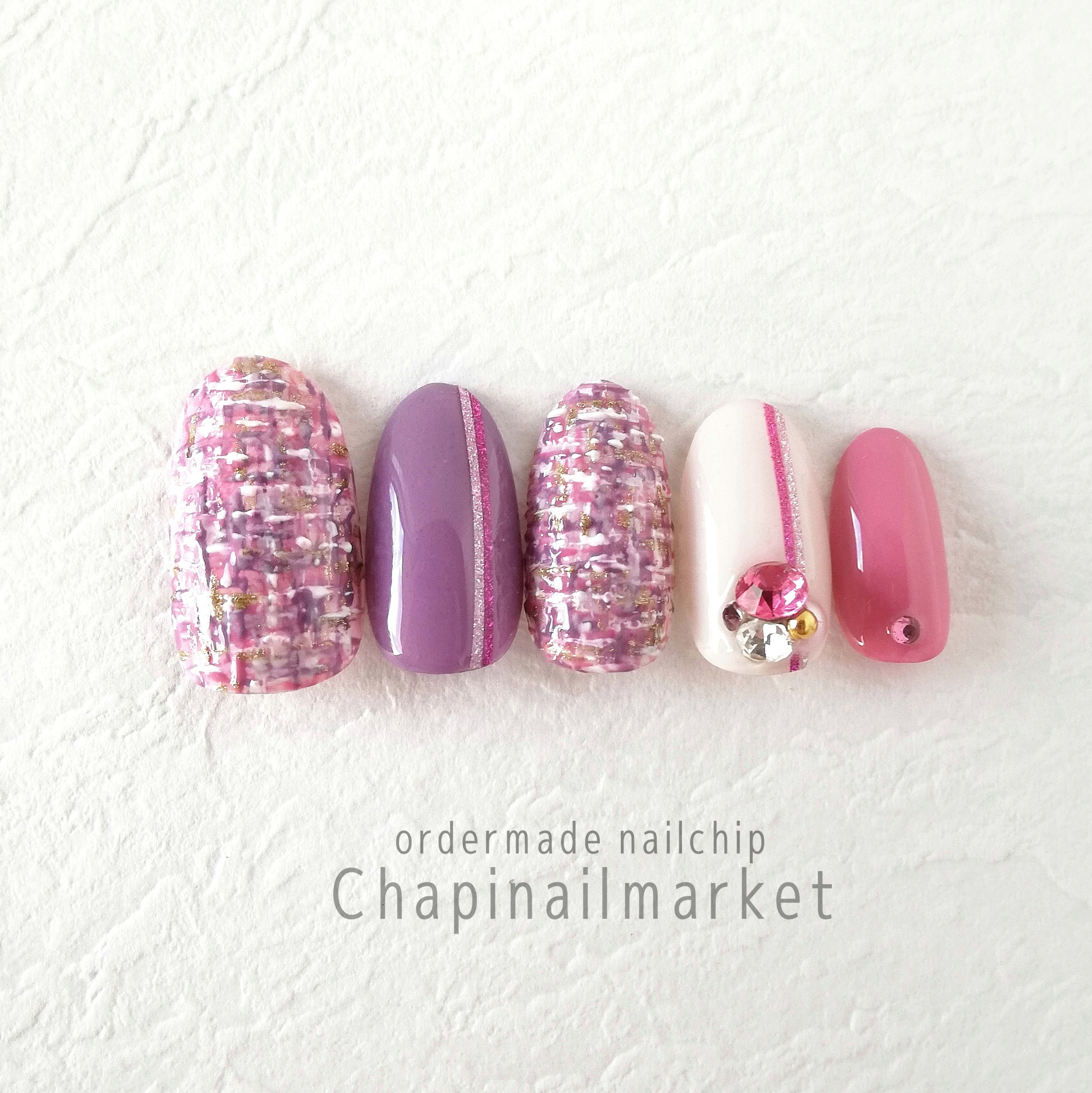 【秋冬】ツイード×くすみカラー♡ネイルチップ くすみ紫✕ピンクツイードネイルチップ○068 ネイルチップ（つけ