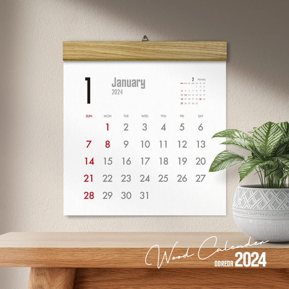 カレンダー 2024・木製壁掛けカレンダー（SQ／オーク） 2枚目の画像