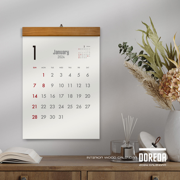カレンダー 2024・木製壁掛けカレンダー（A3／ブラックチェリー） 2枚目の画像