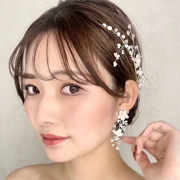 ビッグパールイヤリング 大きいパールとお花のイヤリング 大振り