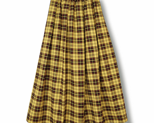 【美品】45R ウールタータンチェック ロングスカート イエロー Lサイズ タータンチェック コットンフレアプリーツロングスカート:イエロー