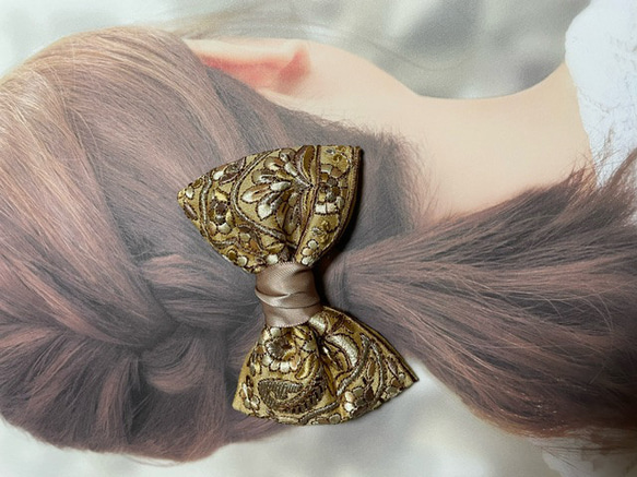 インド刺繍 リボン ヘアゴム ヘアアクセサリー 花柄 ベージュ ヘアリボン 髪飾り まとめ髪 7枚目の画像