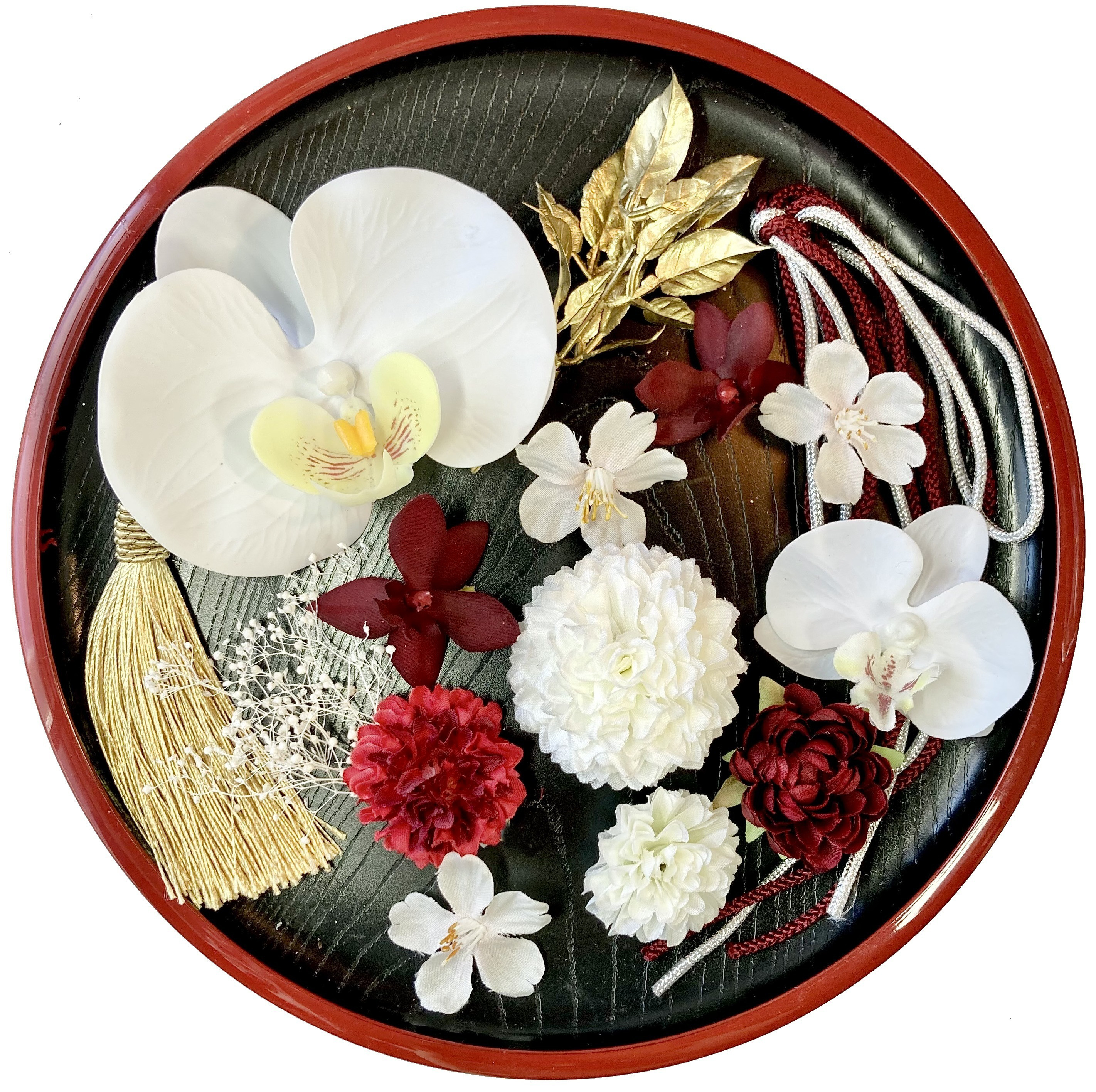 白無垢 黒引き にも 胡蝶蘭 と 贅沢お花 髪飾り 選べる タッセル と 組紐 ~ 着物 結婚式 成人式