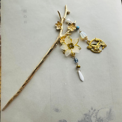 再販✖️7  手毬屋　金色　鶴丸　白花と鶴のかんざし 3枚目の画像
