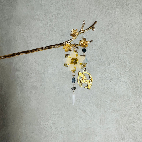 再販✖️7  手毬屋　金色　鶴丸　白花と鶴のかんざし 5枚目の画像