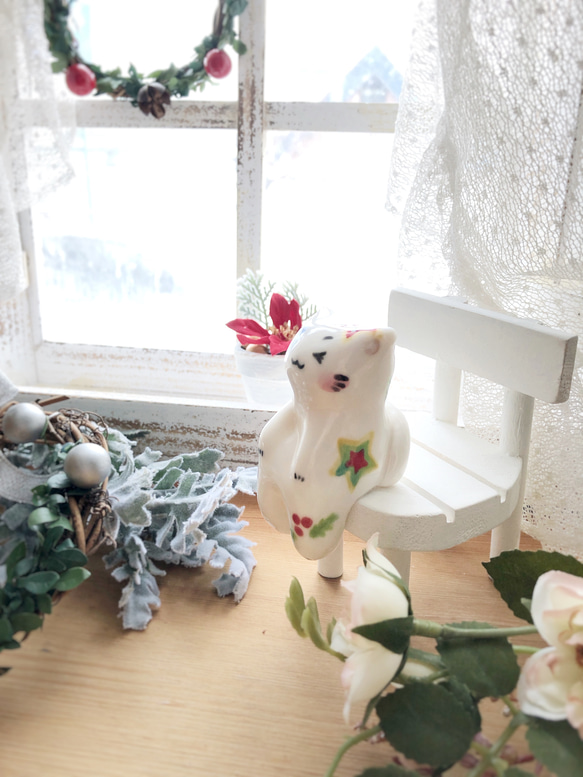 クリスマス柄 わこねこ陶人形 /陶人形 猫 置物 2枚目の画像