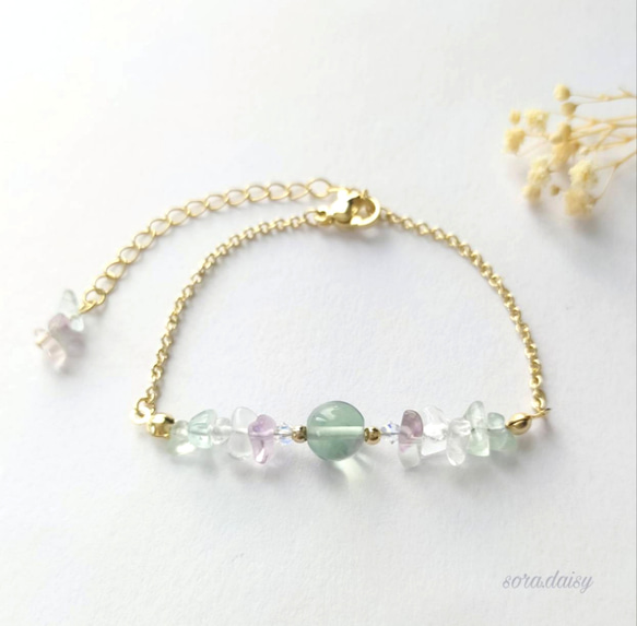 フローライト・水晶の華奢なチェーンブレスレット 天然石 さざれ石
