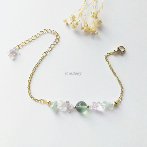 フローライト・水晶の華奢なチェーンブレスレット 天然石 さざれ石
