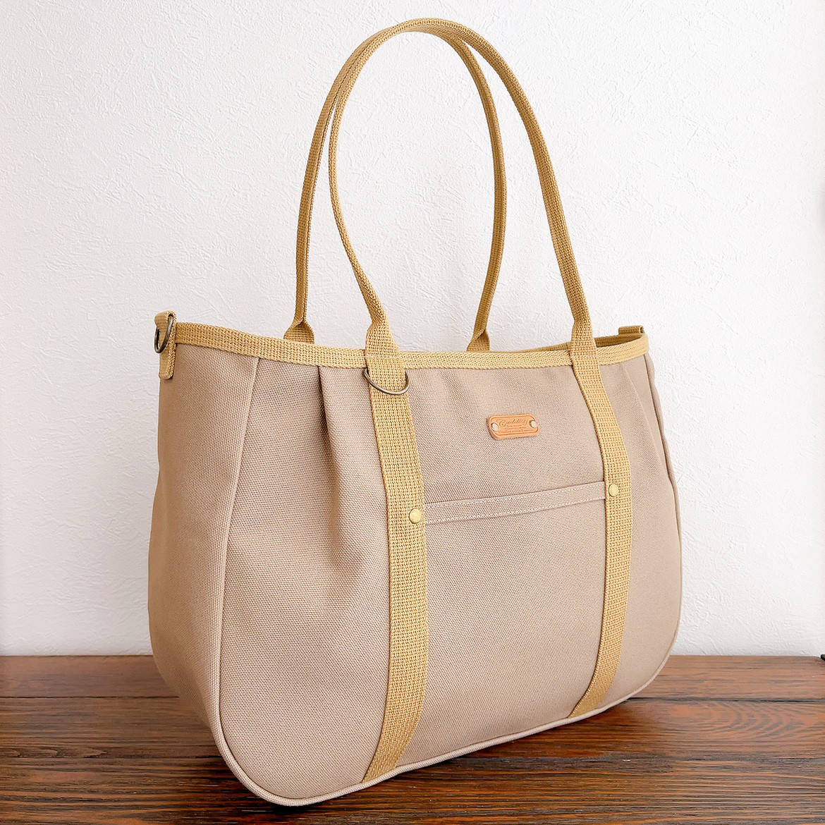 ♥️大♥️ころりんバッグ　ショルダー　濃ベージュ　倉敷帆布　2wayバッグ　トートバッグ　ファスナー開閉　大きめ　A4