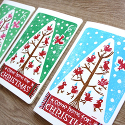 木版画クリスマスカード　トリのツリー 2枚目の画像
