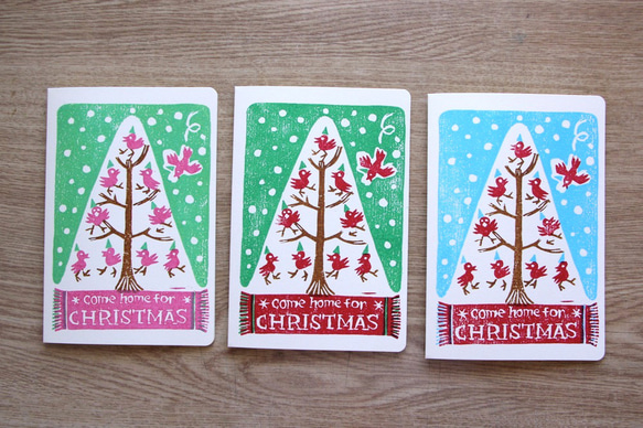 木版画クリスマスカード　トリのツリー 1枚目の画像