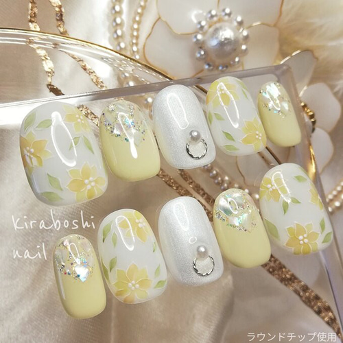 水彩イエロー系フラワーネイル【注文時サイズ必須です♡】【vol.30