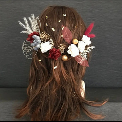 ボタニカル　結婚式　成人式　卒業式　振袖　ハーフアップ　髪飾り　ヘアアクセサリー　ワインレッド　花飾り　ドライフラワー 4枚目の画像