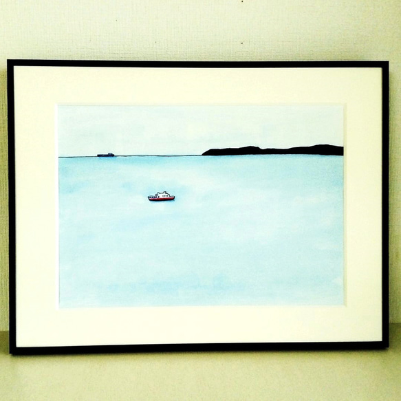 一点物】原画「穏やかな海」水彩イラスト ※額縁入り 絵画 絵と額縁 