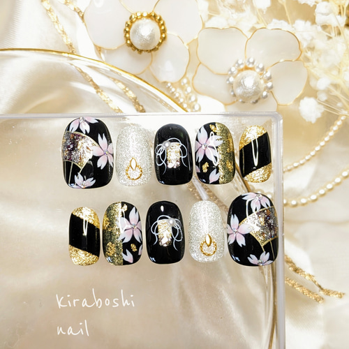 夜桜×扇♡ブラックネイル【注文時サイズ必須です♡ 【vol.8