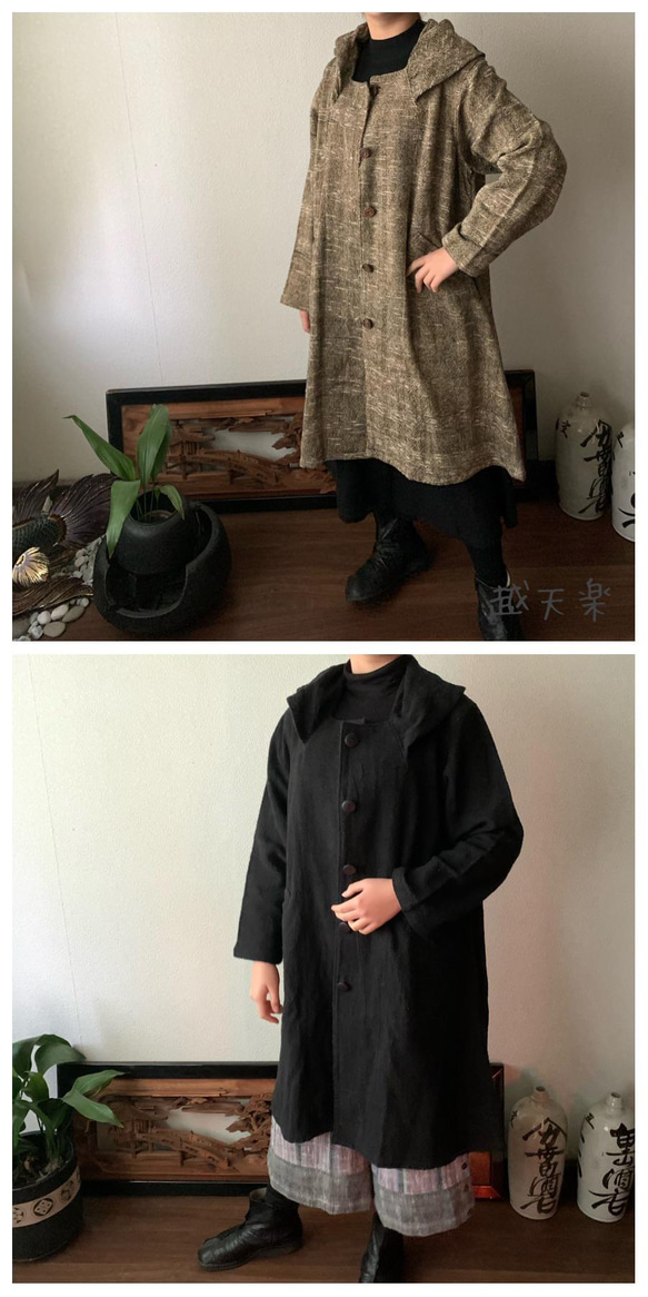 リボン風たっぷり襟の手織り綿前開きコート　裏付きで暖かくゆったり着こなせるAライン　茶グレイ絣 11枚目の画像