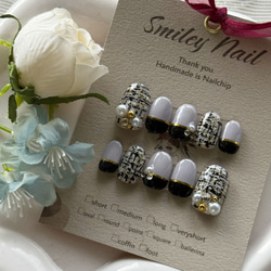 千鳥柄 白 黒 冬ネイル ネイルチップ 大人可愛い 秋ネイル パール 量産