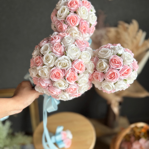 送料無料】ピンク×水色ステッキブーケ☆ブートニア ヘッドドレス