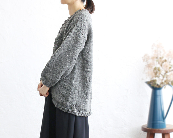 [2 個尺寸] 保暖 100% 羊毛手工針織開襟衫 爆米花針織套（灰色） 第2張的照片