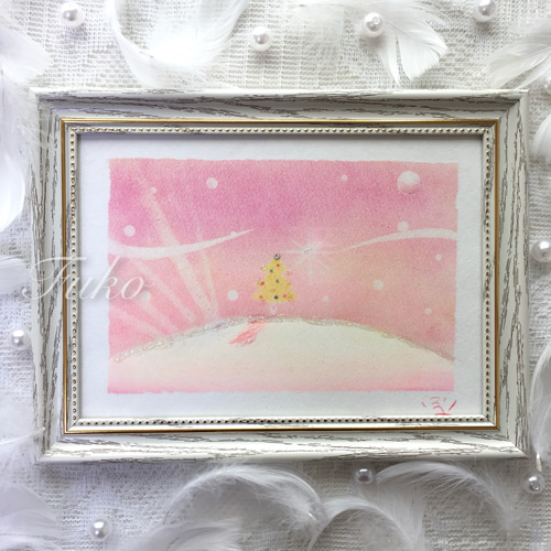 絵画】Pink X'mas《メッセージ/ポストカード付》パステルアート