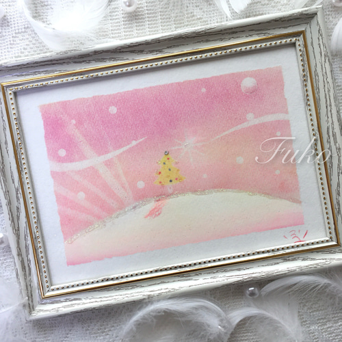 絵画】Pink X'mas《メッセージ/ポストカード付》パステルアート