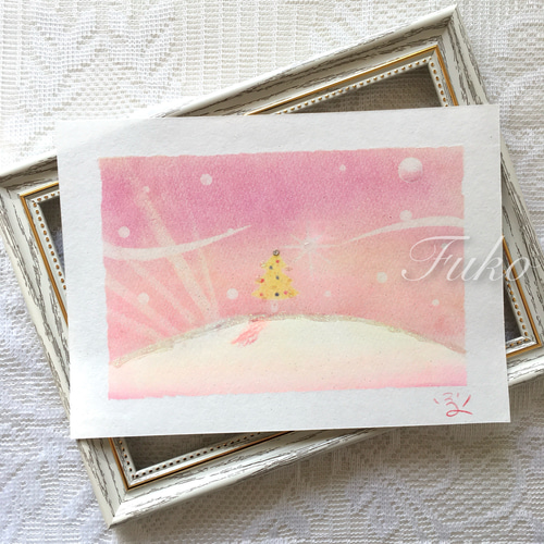 絵画】Pink X'mas《メッセージ/ポストカード付》パステルアート