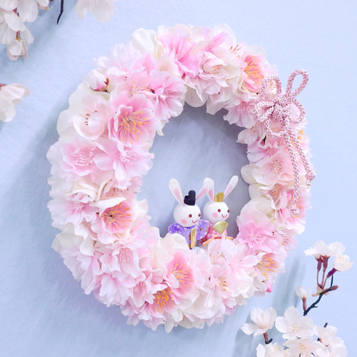 特集掲載 再販43＊満開の桜と桃の花リース 梅結び(お雛様・ひな人形